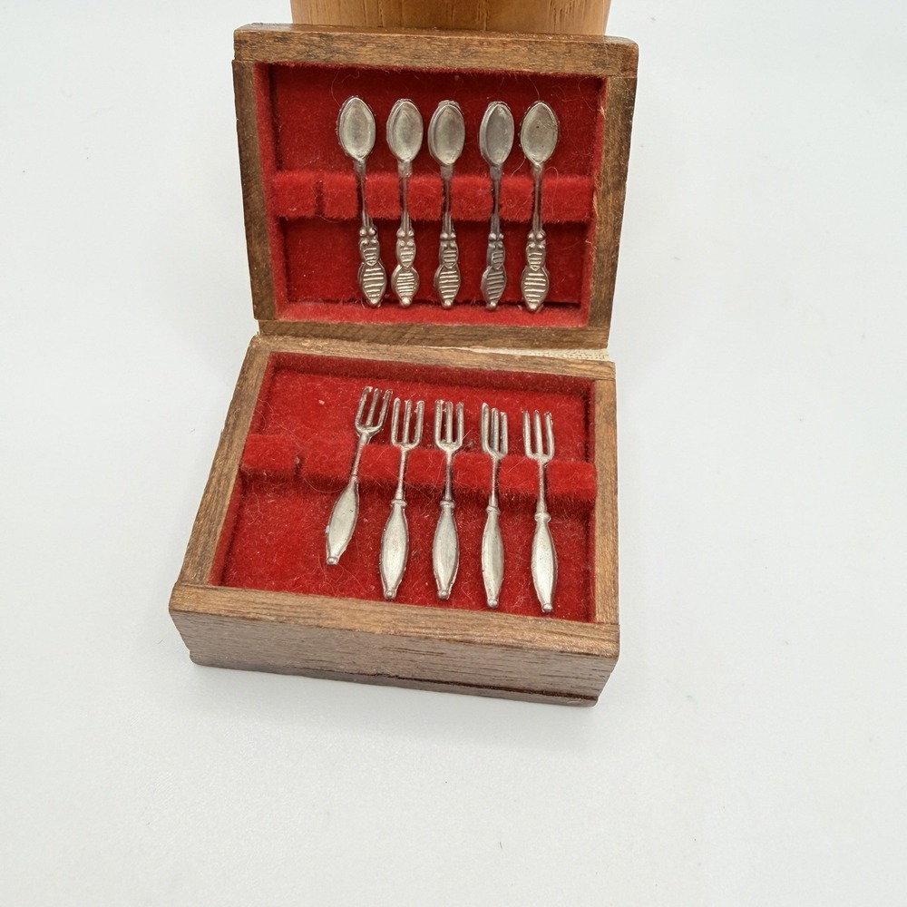 Vintage Miniature Dollhouse Flatware Set in Wood Box 1:12 Silverware Doll Craft